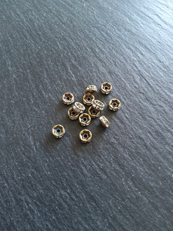 10 or 50 Antique Bronze 6mm Clear Rhinestone Straight Edge Spacer Beads 6x3mm Nickel FREE