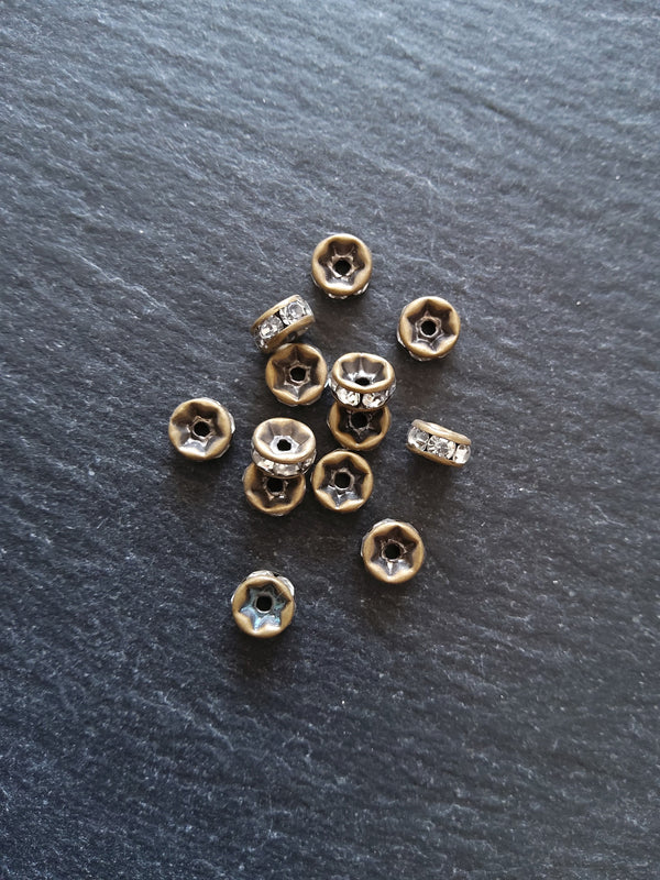 10 or 50 Antique Bronze 6mm Clear Rhinestone Straight Edge Spacer Beads 6x3mm Nickel FREE