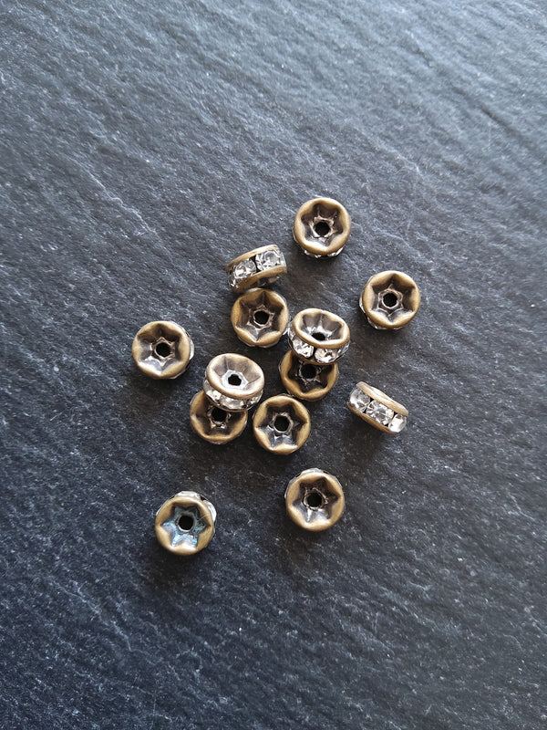 10 or 50 Antique Bronze 6mm Clear Rhinestone Straight Edge Spacer Beads 6x3mm Nickel FREE