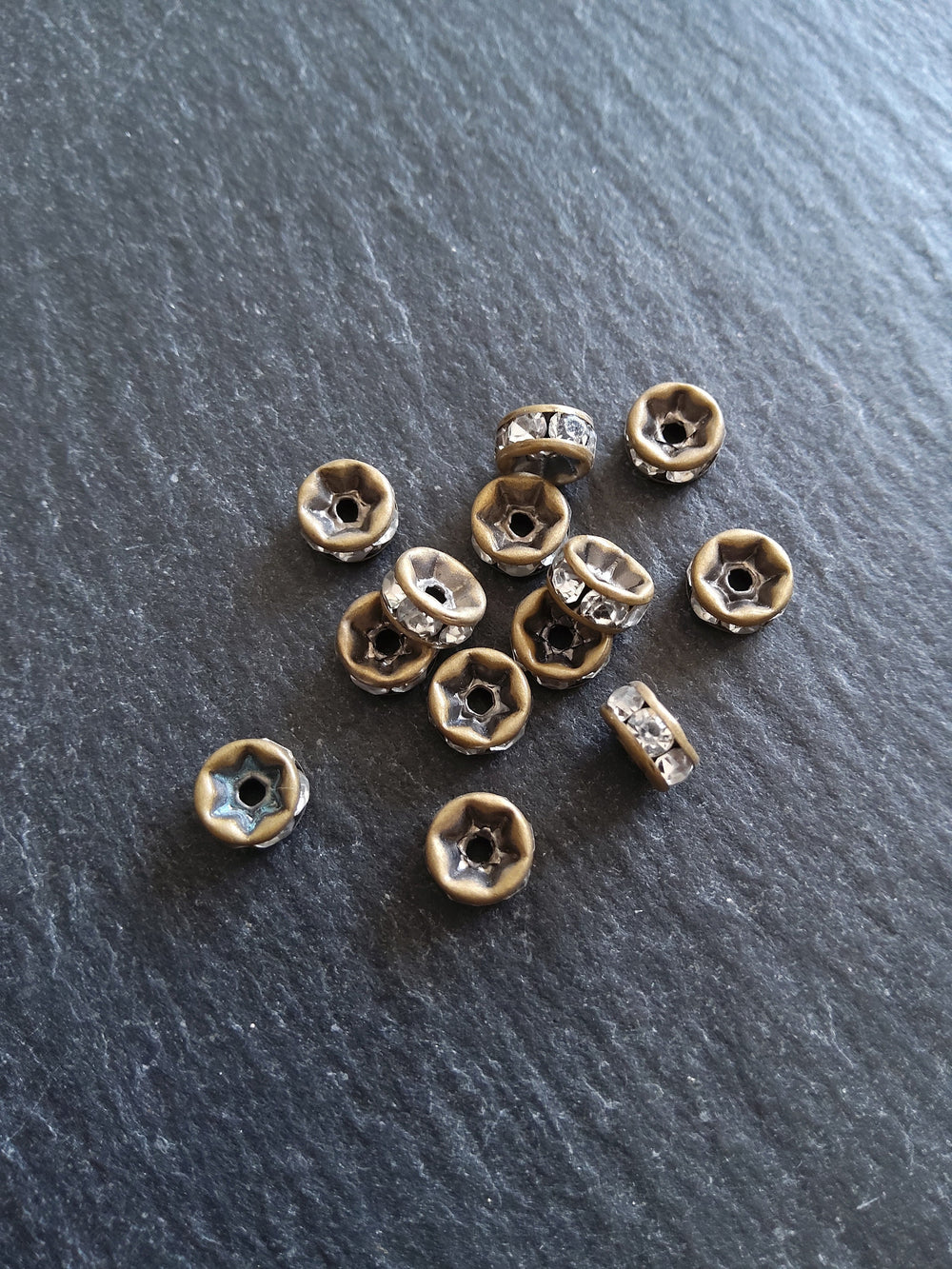 10 or 50 Antique Bronze 6mm Clear Rhinestone Straight Edge Spacer Beads 6x3mm Nickel FREE