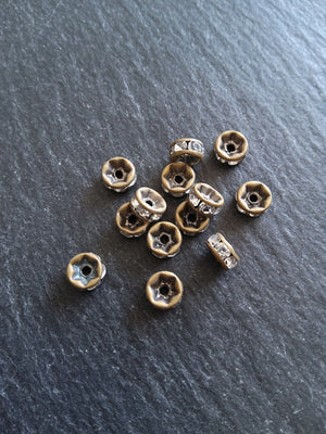 10 or 50 Antique Bronze 6mm Clear Rhinestone Straight Edge Spacer Beads 6x3mm Nickel FREE