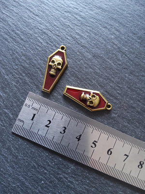 4 or 20 Coffin Shaped Antique Bronze Skull Charms with Red Enamel 32x13x4mm - ContentedCatz