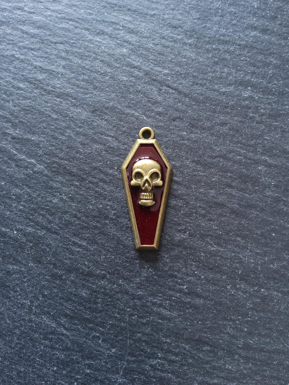 4 or 20 Coffin Shaped Antique Bronze Skull Charms with Red Enamel 32x13x4mm - ContentedCatz