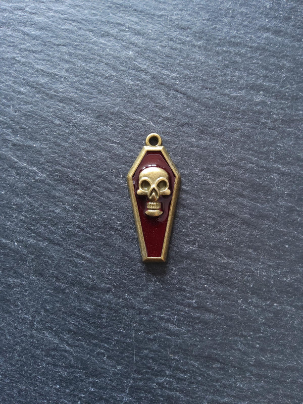 4 or 20 Coffin Shaped Antique Bronze Skull Charms with Red Enamel 32x13x4mm - ContentedCatz