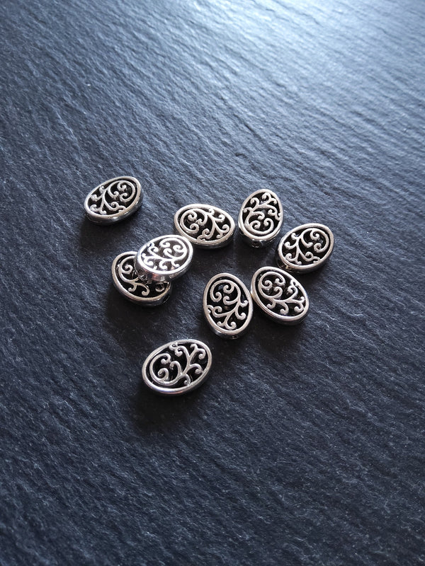10 or 50 Flattened Oval Beads Antique Silver Tone 12x10mm 3.5mm Wide
