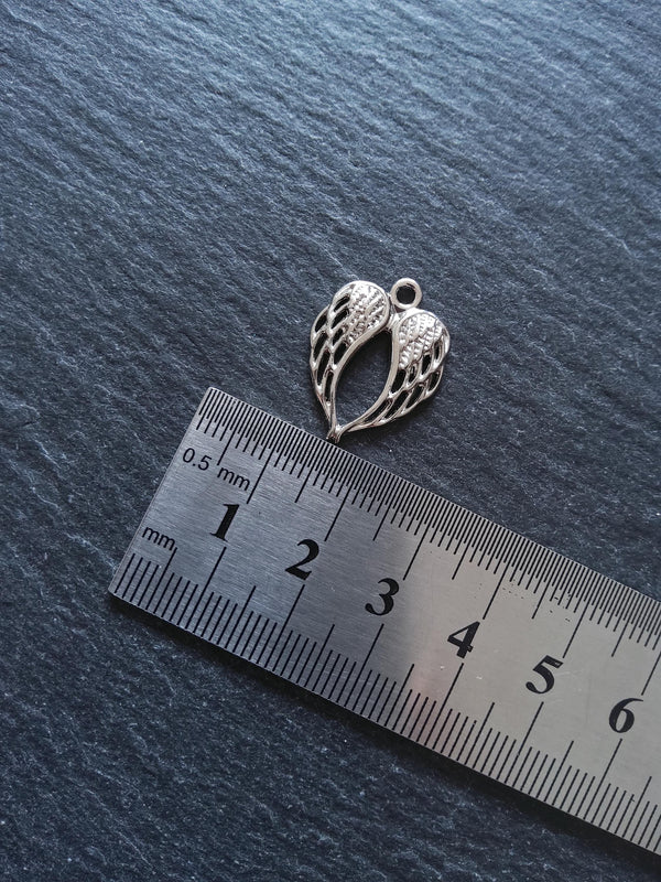 10 or 50 Double Wing Heart Pendant Charm Silver Tone Alloy 22x17mm