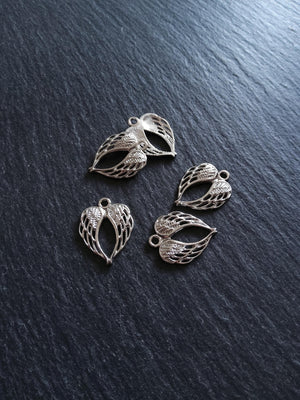 10 or 50 Double Wing Heart Pendant Charm Silver Tone Alloy 22x17mm