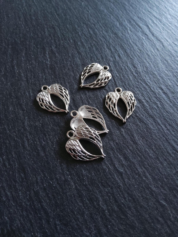 10 or 50 Double Wing Heart Pendant Charm Silver Tone Alloy 22x17mm