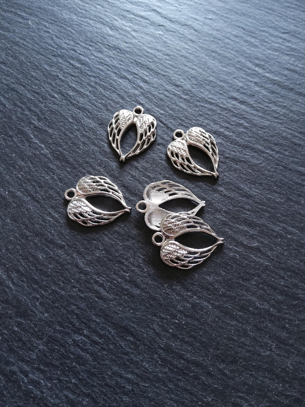 10 or 50 Double Wing Heart Pendant Charm Silver Tone Alloy 22x17mm
