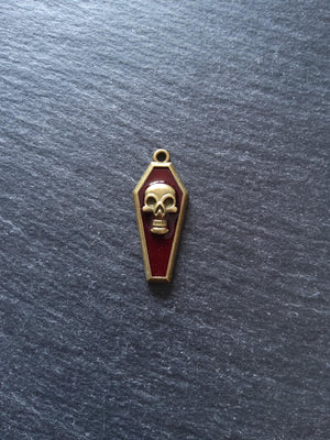 4 or 20 Coffin Shaped Antique Bronze Skull Charms with Red Enamel 32x13x4mm - ContentedCatz