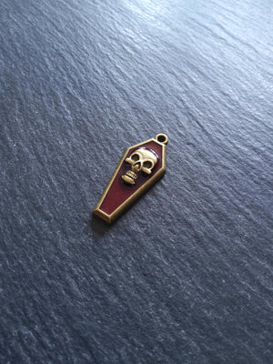 4 or 20 Coffin Shaped Antique Bronze Skull Charms with Red Enamel 32x13x4mm - ContentedCatz