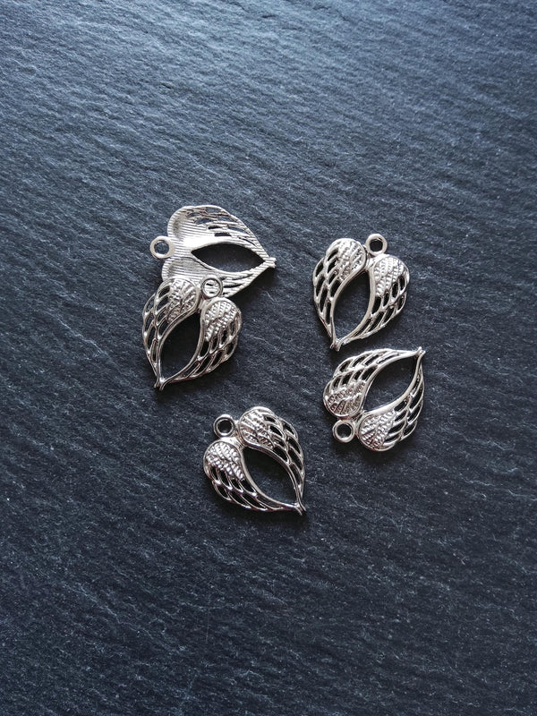 10 or 50 Double Wing Heart Pendant Charm Silver Tone Alloy 22x17mm
