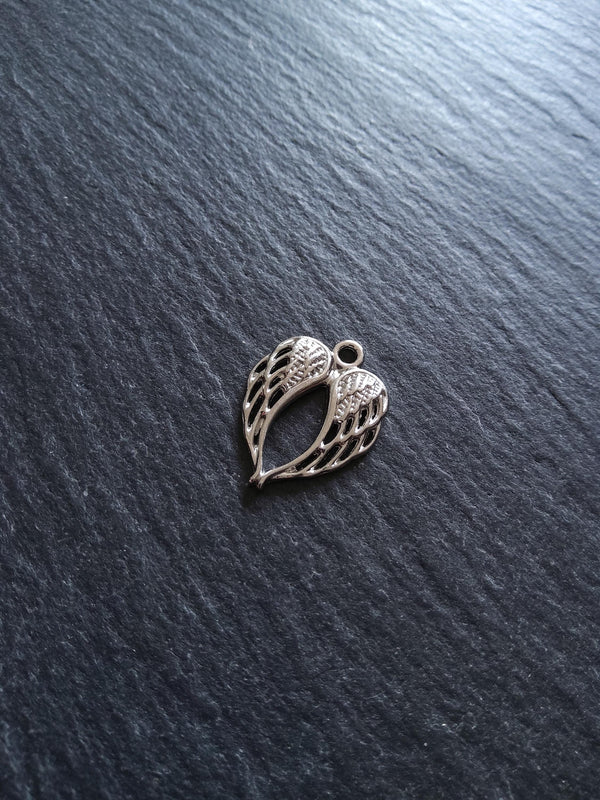 10 or 50 Double Wing Heart Pendant Charm Silver Tone Alloy 22x17mm