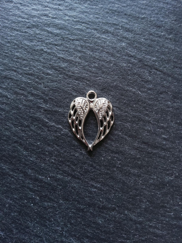 10 or 50 Double Wing Heart Pendant Charm Silver Tone Alloy 22x17mm