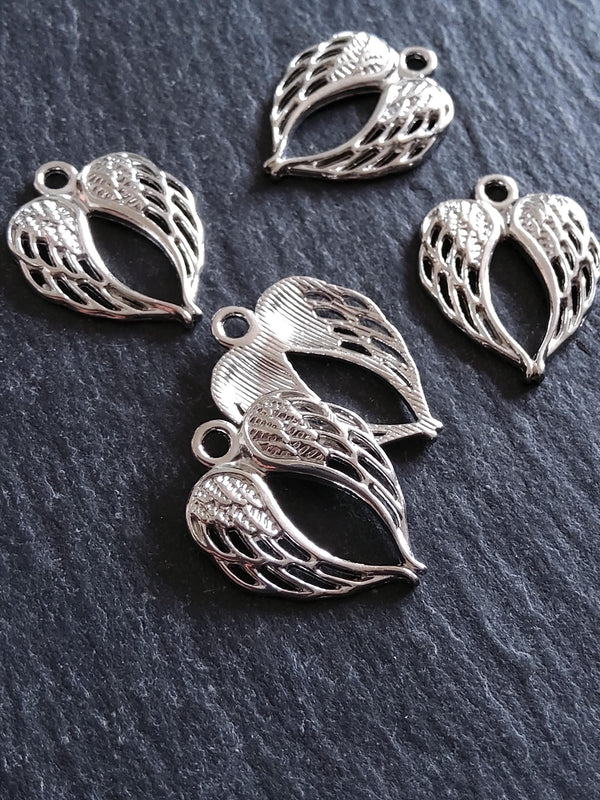 10 or 50 Double Wing Heart Pendant Charm Silver Tone Alloy 22x17mm