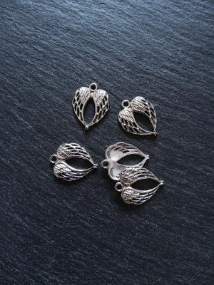 10 or 50 Double Wing Heart Pendant Charm Silver Tone Alloy 22x17mm