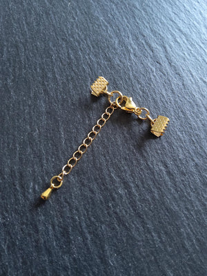 4 or 20 Genuine Gold Plated Stainless Steel Crimp End Sets for 6mm (1/4") Wide Ribbon with Extender Chain