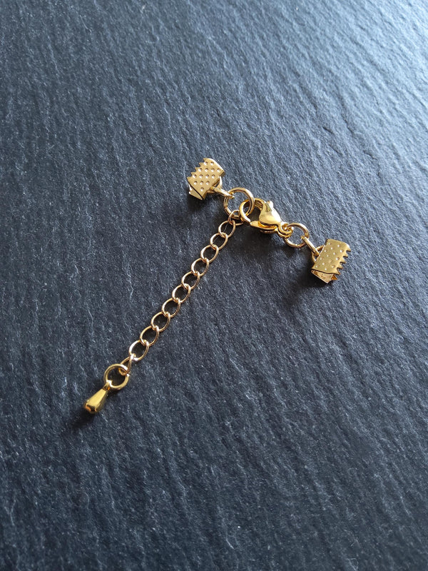 4 or 20 Genuine Gold Plated Stainless Steel Crimp End Sets for 6mm (1/4") Wide Ribbon with Extender Chain