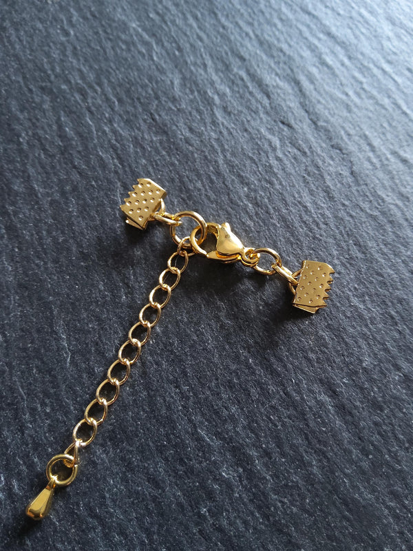 4 or 20 Genuine Gold Plated Stainless Steel Crimp End Sets for 6mm (1/4") Wide Ribbon with Extender Chain