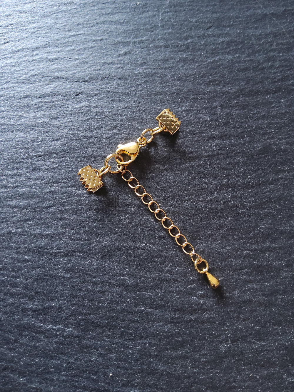 4 or 20 Genuine Gold Plated Stainless Steel Crimp End Sets for 6mm (1/4") Wide Ribbon with Extender Chain