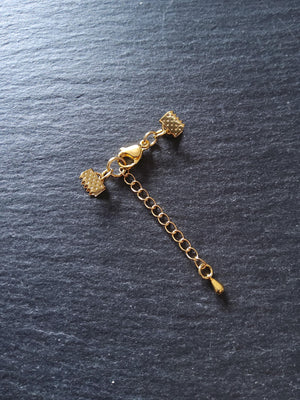 4 or 20 Genuine Gold Plated Stainless Steel Crimp End Sets for 6mm (1/4") Wide Ribbon with Extender Chain