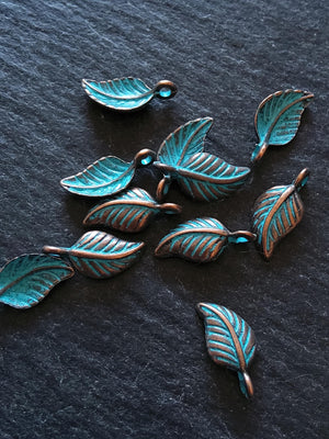 20 or 100 Antique Copper Leaf Charms with Blue Patina 15x7x3.5mm