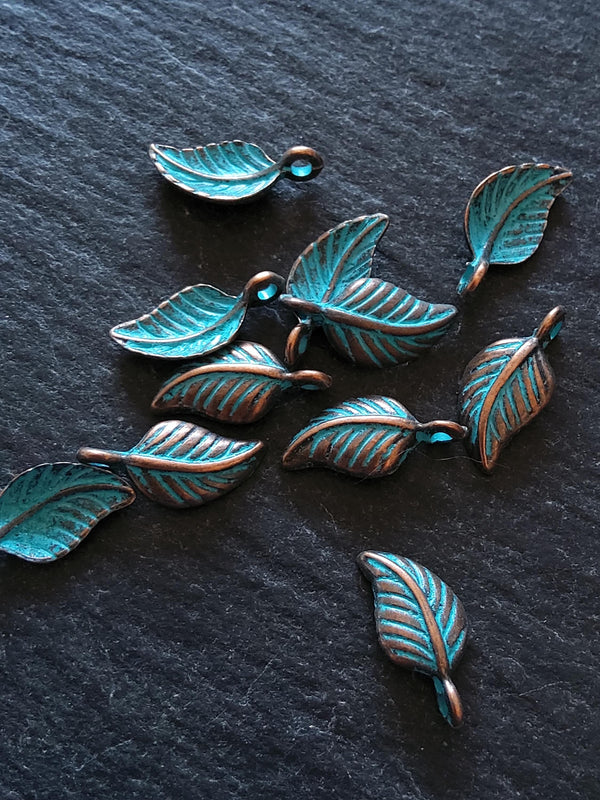 20 or 100 Antique Copper Leaf Charms with Blue Patina 15x7x3.5mm