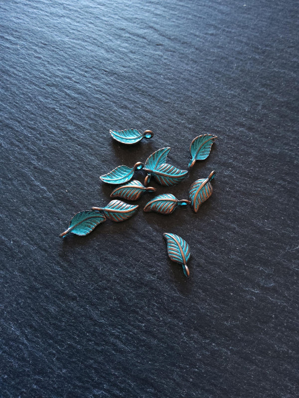 20 or 100 Antique Copper Leaf Charms with Blue Patina 15x7x3.5mm