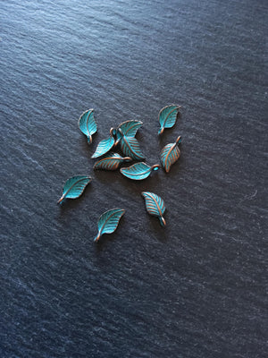 20 or 100 Antique Copper Leaf Charms with Blue Patina 15x7x3.5mm