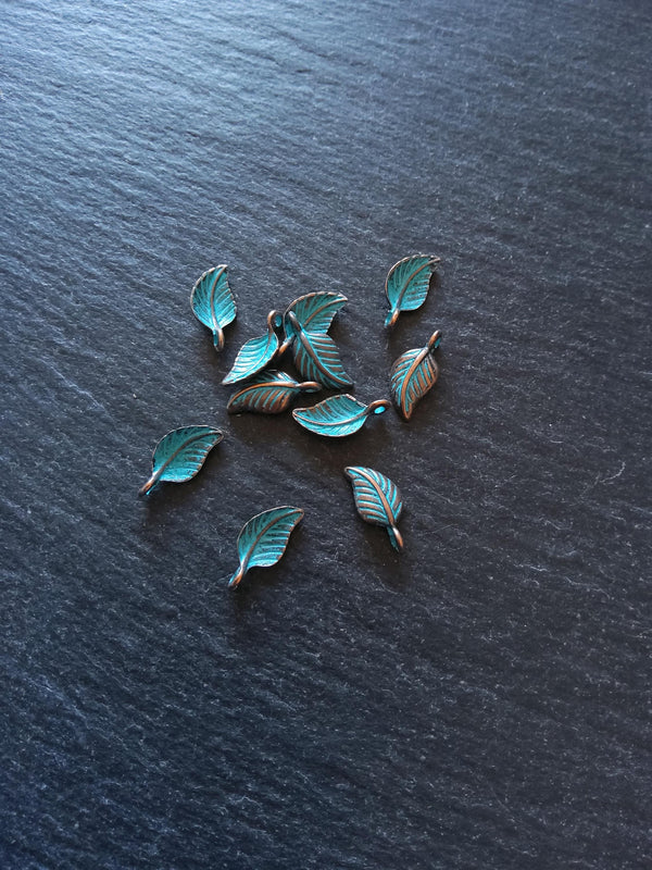 20 or 100 Antique Copper Leaf Charms with Blue Patina 15x7x3.5mm