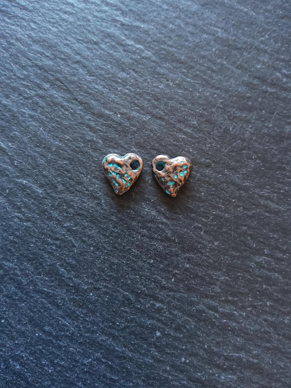 10 or 50 Antique Copper Heart Charms with Blue Patina 10x10x3mm