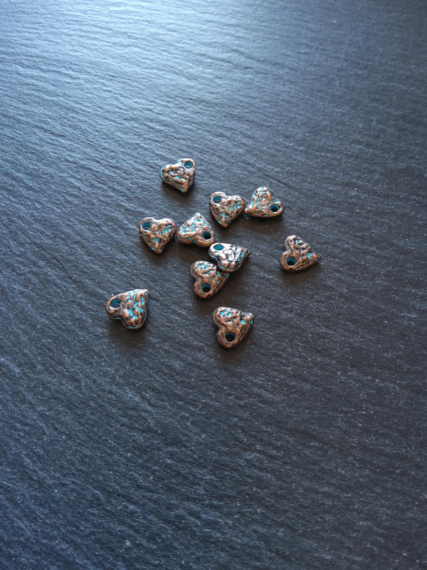 10 or 50 Antique Copper Heart Charms with Blue Patina 10x10x3mm