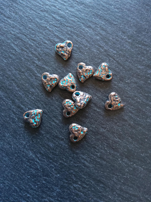 10 or 50 Antique Copper Heart Charms with Blue Patina 10x10x3mm