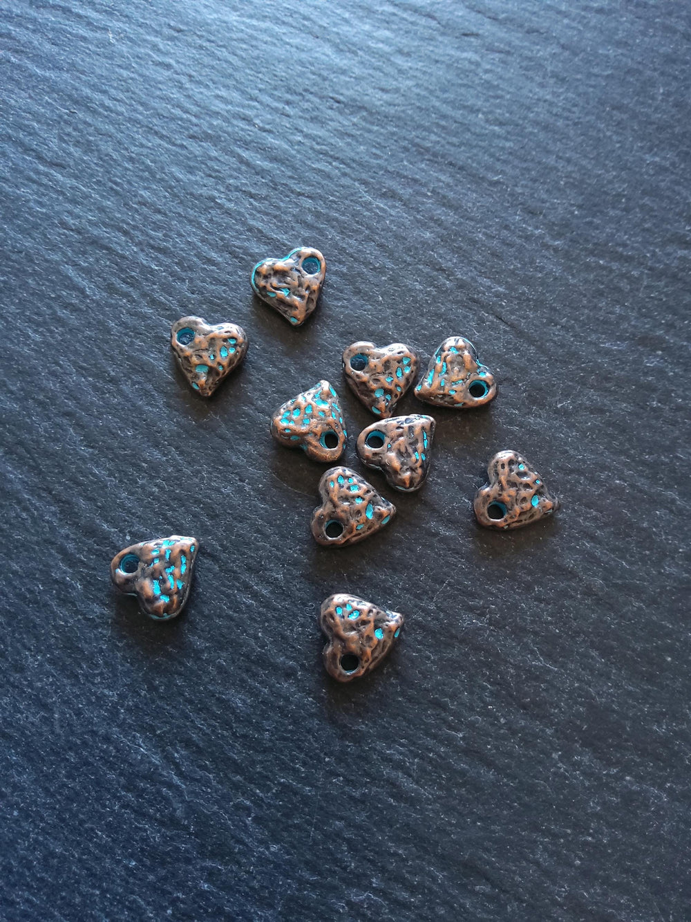 10 or 50 Antique Copper Heart Charms with Blue Patina 10x10x3mm