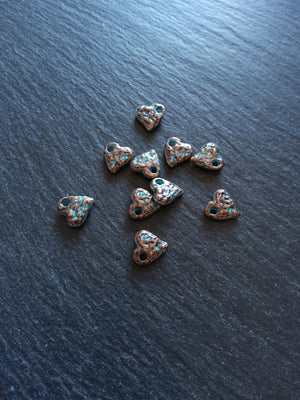 10 or 50 Antique Copper Heart Charms with Blue Patina 10x10x3mm