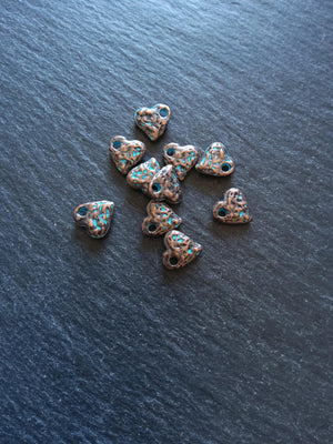 10 or 50 Antique Copper Heart Charms with Blue Patina 10x10x3mm