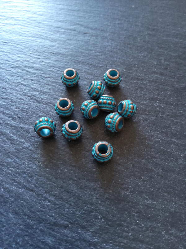 10 or 50 Antique Copper Tone 8mm Bali Style Beads With Blue Patina 8x7mm Hole: 3.4mm