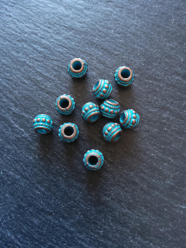 10 or 50 Antique Copper Tone 8mm Bali Style Beads With Blue Patina 8x7mm Hole: 3.4mm