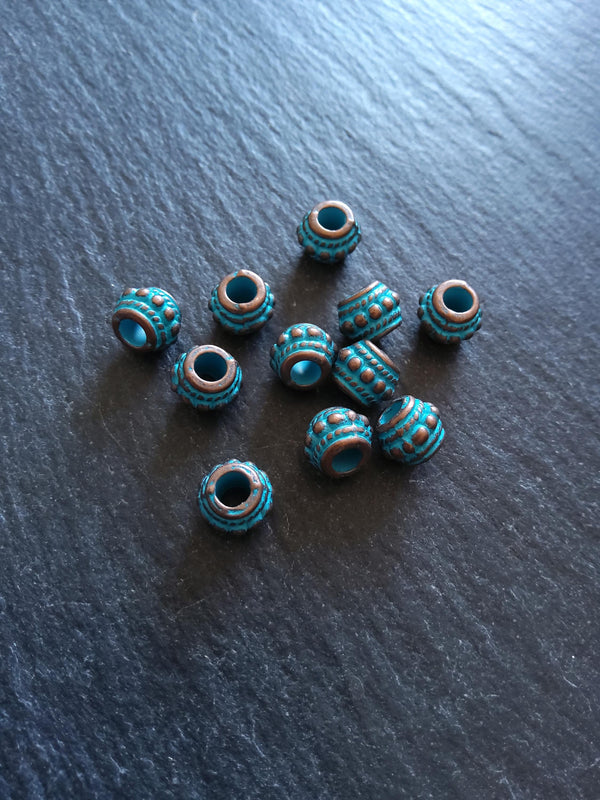 10 or 50 Antique Copper Tone 8mm Bali Style Beads With Blue Patina 8x7mm Hole: 3.4mm