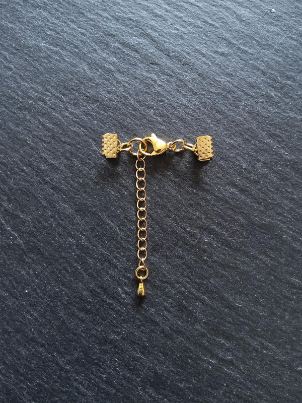 4 or 20 Genuine Gold Plated Stainless Steel Crimp End Sets for 6mm (1/4") Wide Ribbon with Extender Chain