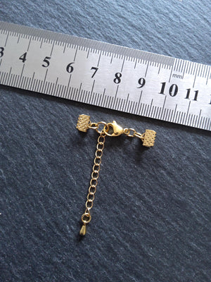 4 or 20 Genuine Gold Plated Stainless Steel Crimp End Sets for 6mm (1/4") Wide Ribbon with Extender Chain