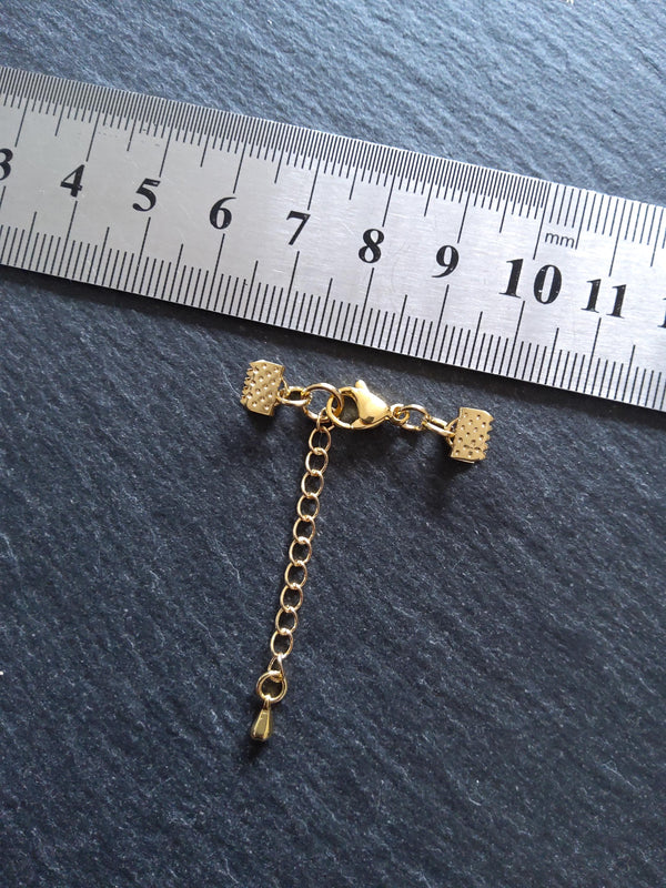 4 or 20 Genuine Gold Plated Stainless Steel Crimp End Sets for 6mm (1/4") Wide Ribbon with Extender Chain