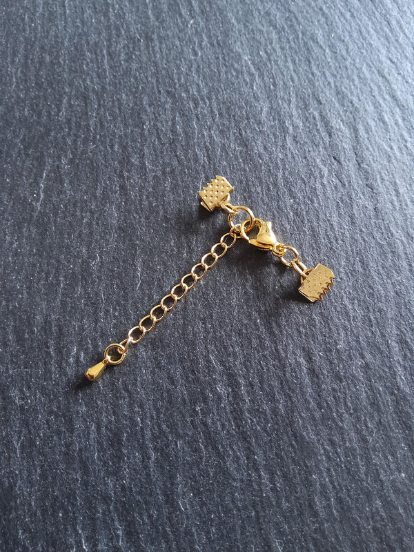 4 or 20 Genuine Gold Plated Stainless Steel Crimp End Sets for 6mm (1/4") Wide Ribbon with Extender Chain