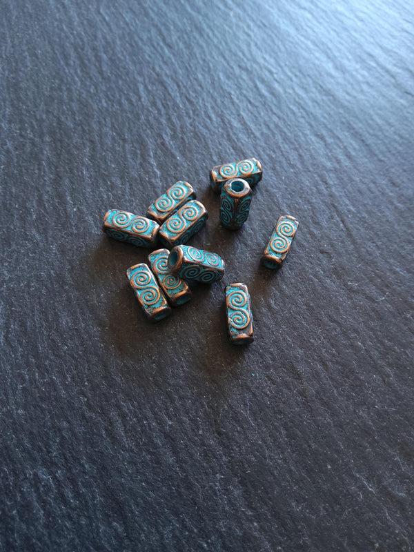 10 or 50 Antique Copper Tone 5x10.5mm Long Square Beads With Blue Patina Hole: 2.4mm