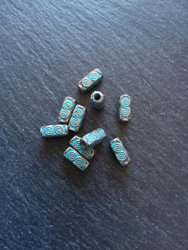 10 or 50 Antique Copper Tone 5x10.5mm Long Square Beads With Blue Patina Hole: 2.4mm