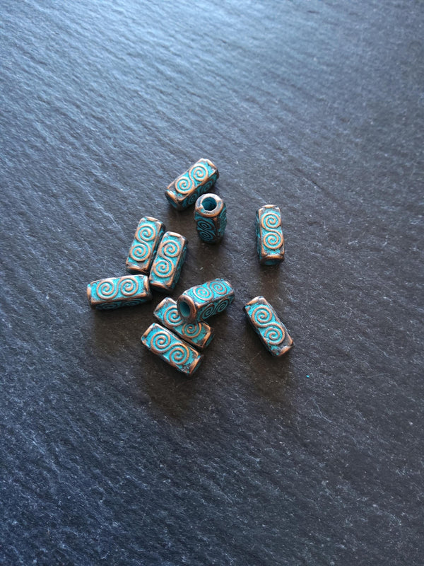 10 or 50 Antique Copper Tone 5x10.5mm Long Square Beads With Blue Patina Hole: 2.4mm