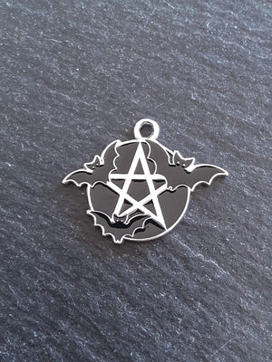 4 or 20 Flying Bat & Pentagram Charms Black Enamel on Silver Alloy 27x22mm