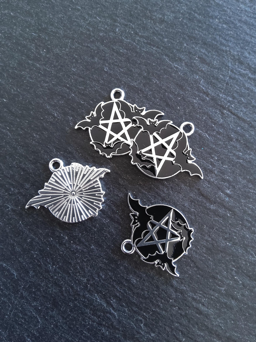 4 or 20 Flying Bat & Pentagram Charms Black Enamel on Silver Alloy 27x22mm