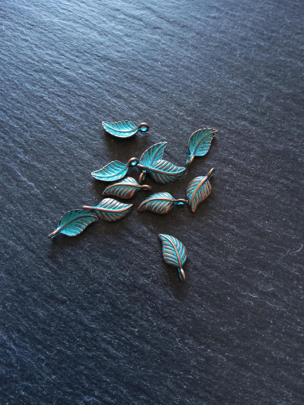 20 or 100 Antique Copper Leaf Charms with Blue Patina 15x7x3.5mm