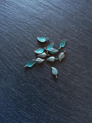 20 or 100 Antique Copper Leaf Charms with Blue Patina 15x7x3.5mm